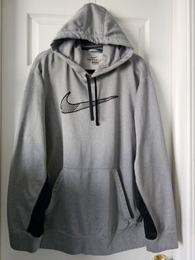 Nike Gray Men’s Pullover Hoodie with Black Swoosh Drawstring Sweatshirt SIZE XL